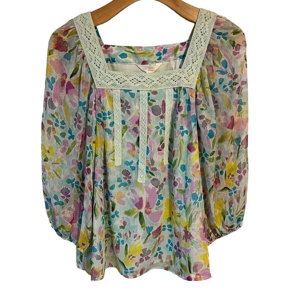 LC Lauren Conrad Shirt Womens PS Petite Small Floral Lace Sheer Top Blouse NEW - Picture 1 of 10
